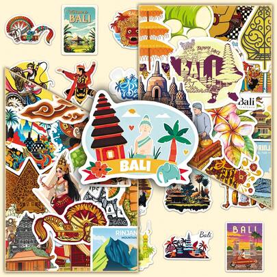 50pcs Indonesia Impression Graffiti Cartoon Architecture Culture Bali Scenery Decorative Luggage Perforated Board Stickers Funny Stickers Kindle Scrapbook Supplies Laptop Sticker