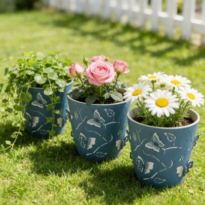 双层PP材质蝴蝶图案塑料花盆，镂空排水孔，5.71英寸，现代多肉植物种植盒，桌面摆件，房间装饰，客厅装饰，家庭办公室，花园露台室内外花卉装饰