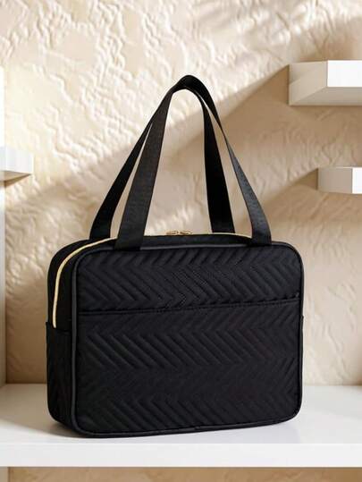 1 pieza Bolsa organizadora de viaje de gran capacidad - Bolsa de tocador/cosmética multicompartimento portátil, unisex, negra, bolsa de almacenamiento de artículos de tocador, estuche de maquillaje