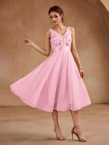 夏季V领亮片薄纱A字伴娘礼服，优雅派对礼服，舞会礼服，适合婚礼宾客、毕业典礼、晚宴等场合。 - 淺粉色 - 查看 3