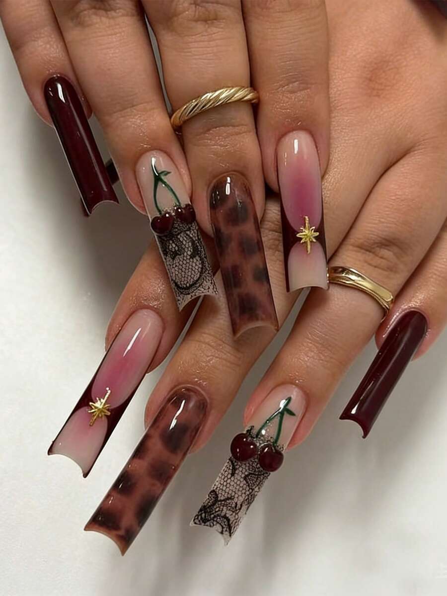 24 buah Stiker Kuku Matte Berbentuk Bintang Cherry Motif Leopard, Cocok Untuk Wanita & Anak Perempuan dengan Gaya Kuku Tempel Y2K - MultiWarna - View 1