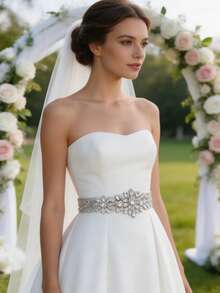 1 pieza Cinturón nupcial de mujer con aplique de diamante y cinta de satén de aleación de plata, accesorio para ceremonia de boda, decoración de cintura para la novia - Blanco - Ver 3