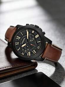 Fossil Grant FS5241 Men's Black Dial Brown Leather Strap Chronograph Quartz Watch - Black - View 2