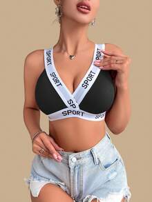 1pc Women Fashion Casual Letter Ribbed Soft Cup Bra, Comfortable Wireless With Pads, Medium Support Sports Bra Underwear - Black - View 1