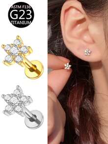 1 chiếc khuyên tai dạng đinh tán hình hoa bằng titan G23, đính đá CZ, ren trong, kiểu dáng phẳng, thích hợp để đeo hàng ngày. - hoa - Xem 1