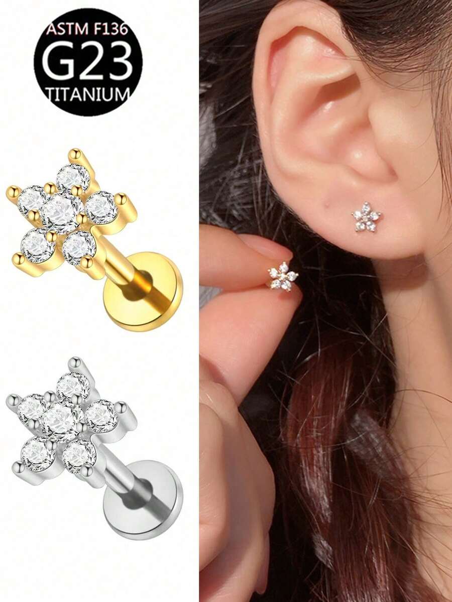 1 chiếc khuyên tai dạng đinh tán hình hoa bằng titan G23, đính đá CZ, ren trong, kiểu dáng phẳng, thích hợp để đeo hàng ngày. - hoa - Xem 1