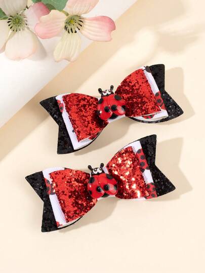 2pcs Mother's Day Red And Black Glitter Hair Bows,Ladybug Accessories Hair Clips,Cute Hair Barrettes For Girls Teens Daily Use Spring Summer Travel Essential Holiday Party Gifts