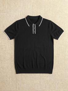 Men's Regular Shoulder Short Sleeve Half-Button Casual Summer Versatile Knit Sweater - Black - View 2