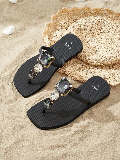 OXLL 奢华玻璃方头人字带凉鞋，时尚一脚蹬平底防滑凉鞋，可拆卸装饰链，2025 春夏新款，海滩度假