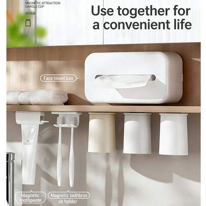 Ensemble support magnétique pour brosse à dents, support mural sans perçage amovible pour gobelet de rinçage, organisateur de stockage de salle de bain étanche, accessoire essentiel pour la salle de bain