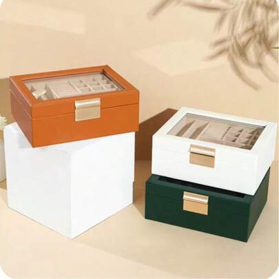 双层皮革首饰盒，带透明窗口，现代风格，适合女性/女孩的首饰礼盒，带可拆卸托盘