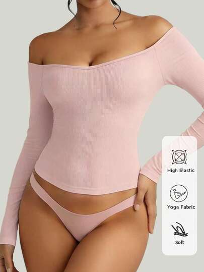 Fyxelle 女士休闲露肩长袖上衣，时尚粉色宽松运动上衣，适合日常活动和休闲穿着，女士夏季服装