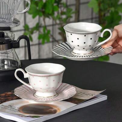 8oz Luxury Polka Dot Coffee Cup & Saucer Set, Classic Striped Polka Dot English Afternoon Tea Cup With Small Plate, Multipurpose Coffee/Milk/Oatmeal Cup For Home, Office, Cafe, Microwave & Dishwasher , Ideal Gift For Friends, Girlfriend, Mother