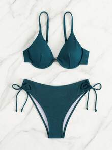 Bộ bikini hai mảnh màu trơn mới dành cho nữ, có dây buộc, gọng nâng ngực, kiểu dáng gợi cảm, dây đeo vai có thể điều chỉnh, thích hợp cho kỳ nghỉ hè đi biển. - Màu xanh ngọc - Xem 4