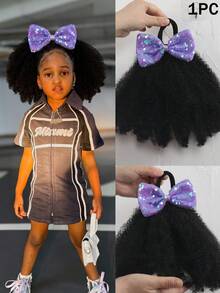 Synthetic 8inch Kinky Curly Ponytail With Shiny Bow Drawstring Tie Straps Ponytail Hairpiece For Kids 1pc - Black - View 13