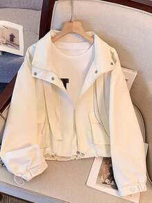 Women's Lightweight Outdoor Hooded Jacket, Long Sleeve Short Style Woven Fabric, With Practical Pockets, Drawstring And Zipper Closure - Off White - View 5