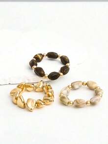 3pcs Vintage Multi-Layer Brown Acrylic Beaded Bracelet, Transformable Gold Chip Bracelet, For Women, Couples, Party, Daily Wear - 三件式手鍊 W - 查看 4