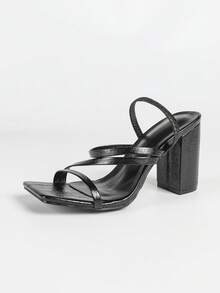 Women's Yellow Square Toe Chunky Heel High Heels, 2-Way Wearable Comfortable Versatile High Heels, Height-Increasing Leg-Elongating Solid Color Women's Shoes, Size Runs Small - Black - View 4