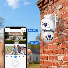 JOOAN 5G 双镜头无线安防摄像头：5G WiFi 双镜头双屏摄像头，支持双向语音通话、全彩夜视、自动报警通知、355° 云台旋转，单机可监控两个摄像头，IP66 户外防护，自动追踪老人、保姆和宠物，适用于庭院和街道的智能安防摄像头 - 白色 - 查看 5