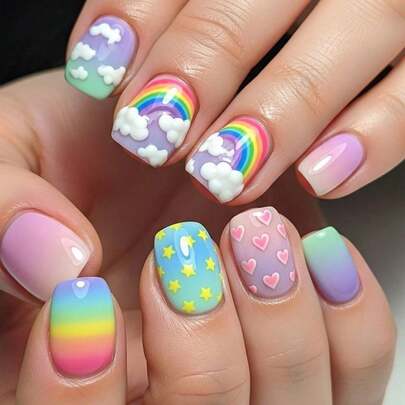 24 Pcs Colorful Press On Nails Short Square Shape Fake Nails Rainbow Gradient Stick On Nail Full Cover False Nails With White Dots Designs Glossy Stick On Nail For Women DIY Manicure Decorations