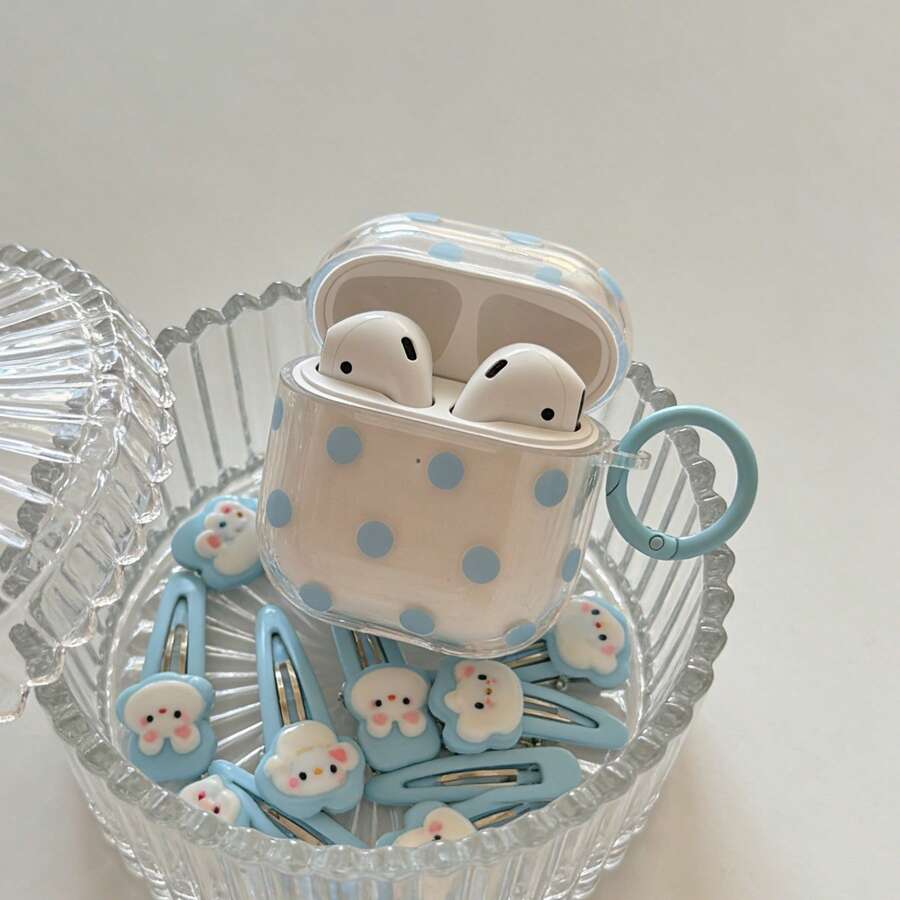 极简半透明蓝色波点挂环耳机保护套，兼容 Pro 3、新款 Pro 2、可爱 Apple 4 极简 3，个性化半耳机保护套，女士款