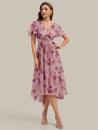 EVERPRETTY Vintage Chiffon Ruffle Asymmetric/Asymmetrical Bridesmaid Dress, Suitable For Wedding, Party, Graduation, Anniversary, Birthday, Cocktail, Date, Holiday, Formal Dinner, Wedding Guest, Homecoming, Travel, All Seasons