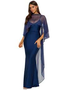 Awevudst Women High Low Capelets Shawls Wraps For Evening Dress Chiffon Cape Sheer Shawl Wedding Bridal Cape Evening Dress Capelets Bridesmaids Capelet Scarf - 藏青色 - 查看 1