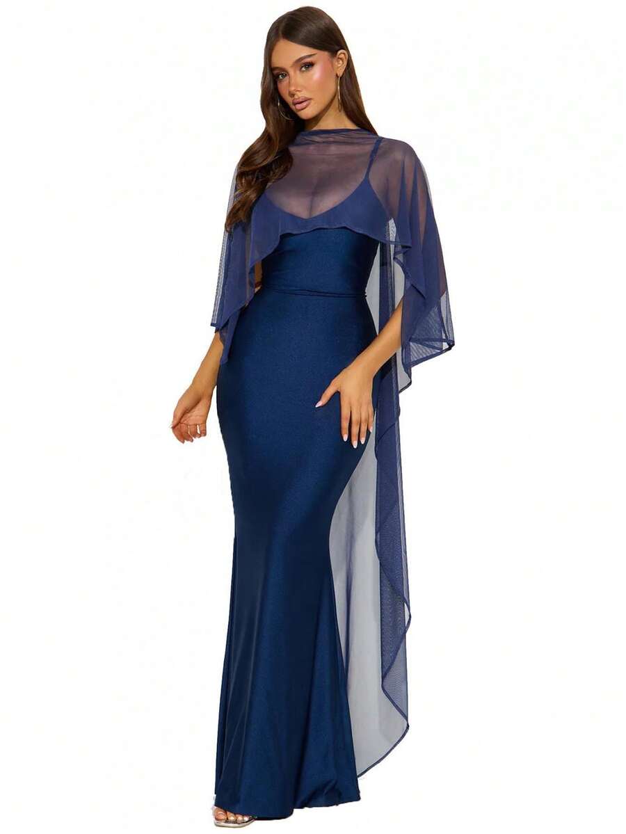 Awevudst Women High Low Capelets Shawls Wraps For Evening Dress Chiffon Cape Sheer Shawl Wedding Bridal Cape Evening Dress Capelets Bridesmaids Capelet Scarf - 藏青色 - 查看 1