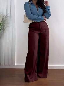 Jisfaneya Zipper Pocket Wide Leg Pants, No Belt, Solid Color, Suit Fabric, Elegant Commute, Versatile Office, School, Daily Wear, Spring/Summer - Màu Đỏ Sâu - Xem 5