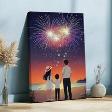 1pc Wrapped Framed Canvas Wall Art, Vintage Prints Poster, Valentine, Family On Beach, Fireworks Display, Night Sky - Modern, Painting, Warm Atmosphere, Illustrative Style, Perfect Gift Decor, Wall Art for Living Room Bedroom Office, Hanging Hardware Included - Wrapped Framed Canvas, Vertical - Lienzo enmarcado - Ver 2