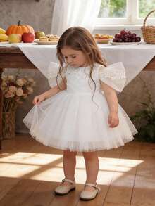 Baby Girls 0-2 Years Old Bow Decor Mini Dress, White Christening Gown Suitable For Party - White - View 5