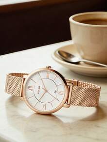 Women's Rose Gold Mesh Bracelet Watch With Roman Numeral Dial, Elegant Quartz Watch For Daily Wear, Graceful Design Gift For Her, ES4352 - Rose Gold - View 5