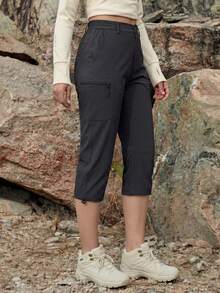 Women's 3/4 Length Water-Resistant Pants, Breathable Quick-Dry, Lightweight & Soft, Mid-Waist Design, Elastic Cuffs, Adjustable Hem, 5 Secure Pockets, Suitable For Hiking, Camping And Casual Wear Sports - Black - View 3