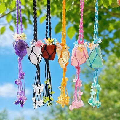 Handmade Macrame Raw Crystal Car Hanging, 7 Chakra Natural Stone Rearview Mirror Ornament, Boho Flower Woven Healing Crystal Pendant, Good Luck Home Car Decor Gift For Women