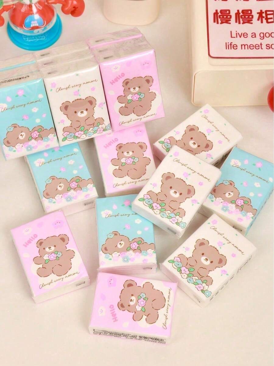 1 Pack Small Bear Design White Napkins; Handkerchief Paper; Mini Tissue Packs; Portable Cute Facial Tissues (8 Sheets/Pack) - Random Styles - View 1