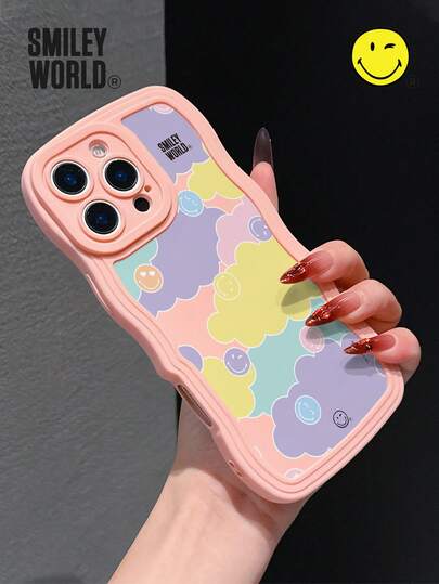 Smiley World 1pc Shock-Proof Full Coverage TPU Material Phone Case, Wavy Design With Rainbow Cloud & Smiley Face Pattern, UV Printing, Compatible With Apple XS/XS Max/XR/11/12/13/14/15/16/17 Pro Max Series, Ideal For Gifts, Commuting, And Drop Protection
