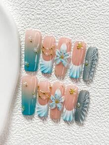10Pcs Blue And Gold Fairytale Style Handmade Nail Art Set,Polygel Nail Set,Gold Starfish,Pearls,Flowers And Ocean Waves,Blue Nail Polish,Includes Nail Tools,3 Sizes Available,Almond Nails , Duck Nails,Coffin Nails For Party, Dance, Daily Wear - 彩色 - 查看 4