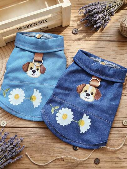 Chaleco vaquero lindo con argolla en D, adecuado para perros y gatos pequeños, chaqueta de mascota con bordado de cachorro y margarita, ropa sin mangas de perro de moda para primavera/otoño, atuendo adorable para pasear y tomar fotos al aire libre para gatos y perros