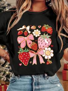 Teen Girl Summer Clothes[New Products Arrive With Great Power]2026 Elegant Women's Fashion Apparel New Style: Fashionable Women's Round Neck T-Shirt With Designer Elements, Girly Heart Motifs, Strawberry And Bow Pattern Print, Casual And Comfortable Short Sleeve TeeUnisex T-Shirts For Summer Outingsclothes - 黑色 - 查看 7