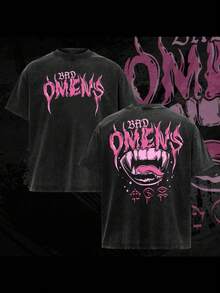 Black Vintage Washed Cotton Tee Women Bad Omens Band Fangs Graphic Print Punk Rock Loose Fit Streetwear Top - 黑色 - 查看 1