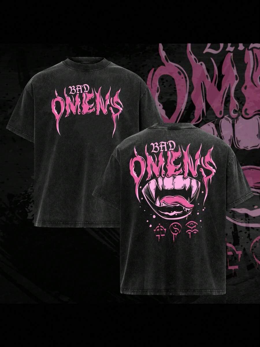 Black Vintage Washed Cotton Tee Women Bad Omens Band Fangs Graphic Print Punk Rock Loose Fit Streetwear Top - 黑色 - 查看 1