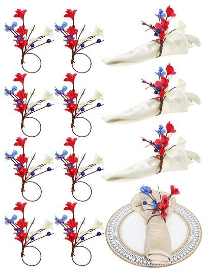 Patriotic Napkin Rings, July 4th Napkin Ring Holders, Blue Red White Berry Flower Napkin Clips Suitable For Independence Day, Dining Table Party Decor