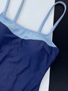 Women's Color Block Square Neck Wide Strap One-Piece Swimsuit, Slim Fit Accentuates Body Curves, Fashionable Beach Style Vacation Summer - Royal Blue - View 3