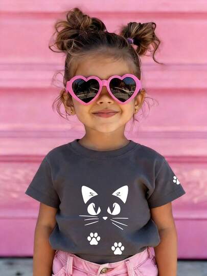 Young Girl Casual Funny Print Round Neck Short Sleeve T-Shirt, Summer Top