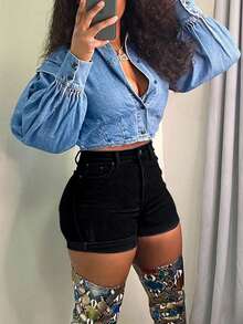 Weiße hochgeschnittene figurbetonte Jeans-Shorts - Sexy aufgekrempelte Hotpants, vielseitiges figurbetontes Essentiell für den täglichen Gebrauch & Urlaubsoutfit - perfekt für einen lässigen schwarzen Sommerlook am Valentinstag - Schwarz - Übersicht 6