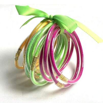 12pcs Colorful Ribbon Style PVC Transparent Plastic Tube Gold Powder Jelly Bangles, Suitable For Beach, Friends Party, Holiday Wear