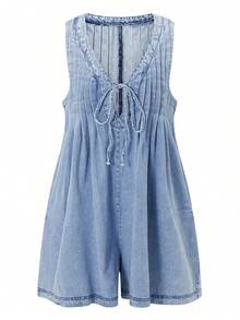 Women's Demin Tank Top Jumpsuit Loose Pleated Tie Front V Neck Sleeveless Shorts Romper With Pockets For Summer - 天藍色 - 查看 3