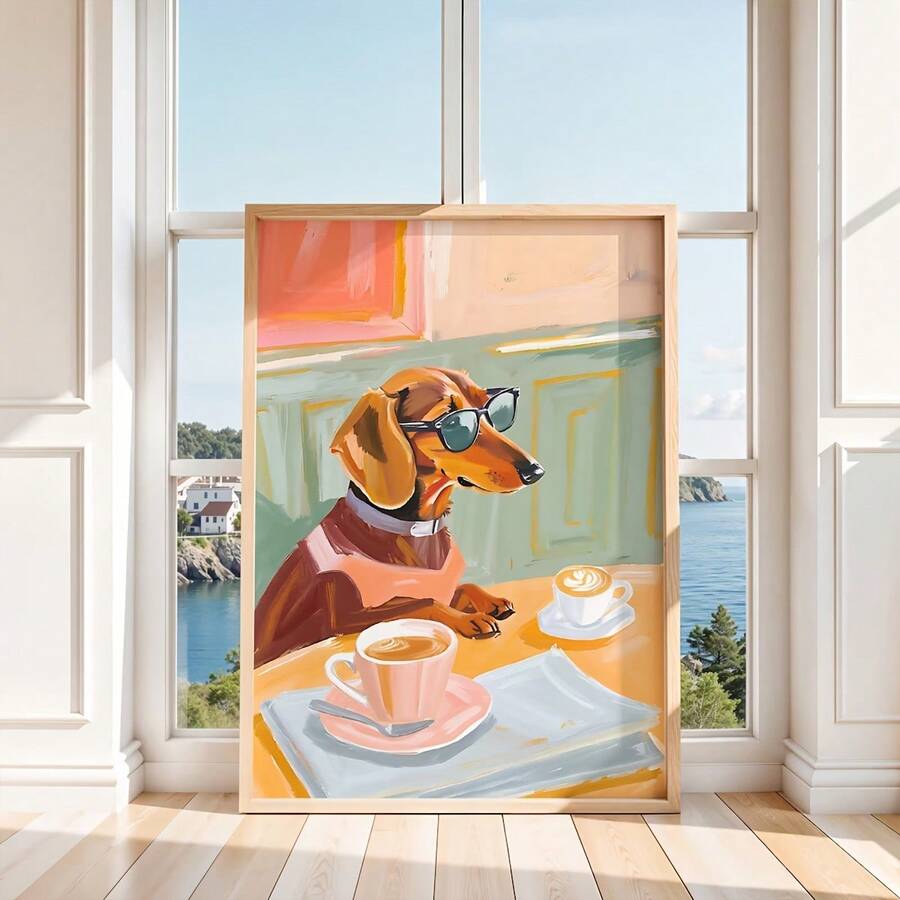 1 buc. Pictură murală amuzantă cu câine Dachshund și ochelari la modă - Poster vertical cu pulverizare, potrivit pentru / utilizare, decor modern francez pastelat - cadou pentru iubitorii de câini, decorațiuni pentru camera de zi, dormitor