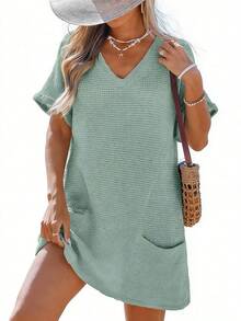 Swimsuit Coverup For Women Waffle Knit V Neck Short Sleeve Beach Coverup Dress With Pockets - 薄荷綠 - 查看 1