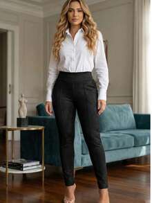 Atelie Kr Women's High-Waisted Riding Pants In Suede Skinny Style - 黑色 - 查看 2